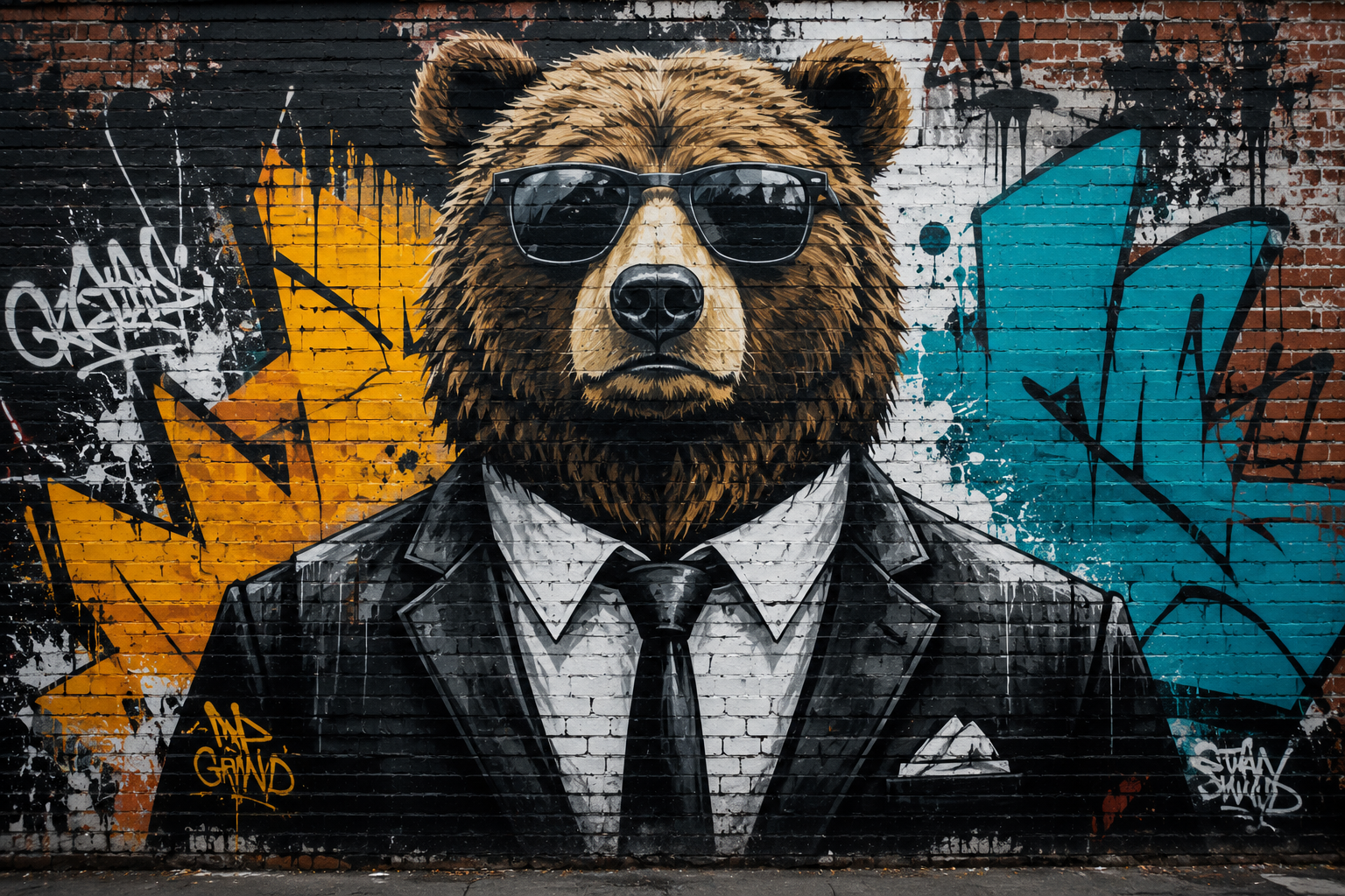 Graffiti représentant un ours en costume sur un mur de briques dans une ambiance street art urbaine et moderne