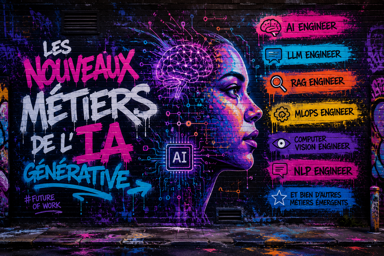 Fresque graffiti futuriste représentant les nouveaux métiers de l’IA générative